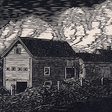 black and white wood block print of a barn and farm house